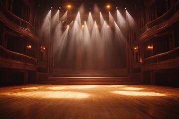 Aufkleber - Bright stage lights illuminating empty theater stage and wooden floor