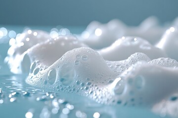 Poster - Delicate white foam bubbles rest on a blue surface, creating a tranquil effect with soft reflections and gentle light enhancing their beauty