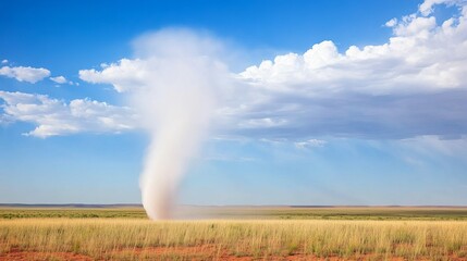 swirling dust devil in vast desert landscape under clear blue sky, natural phenomenon and weather co