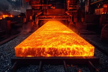 Aufkleber - Hot steel slab moving along conveyor belt in steel mill