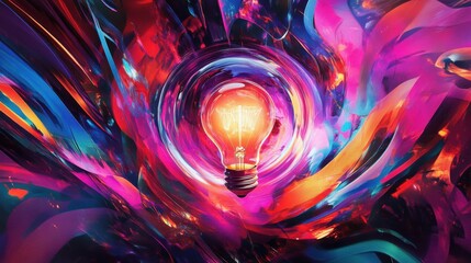 Poster - Vibrant light bulb surrounded by swirling colorful energy illustration