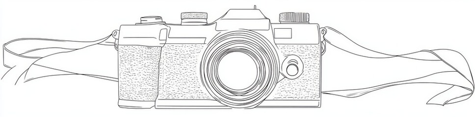 A simple line-art representation of a camera, paired with a sleek, modern illustration and an abstract background
