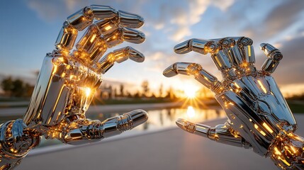 Poster - Shiny metallic sculpture of a pair of chromed hands reflecting light and creating an intriguing visual display in an art space