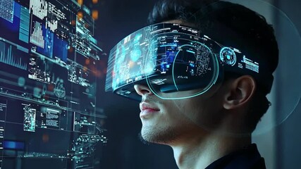 Young man using advanced virtual reality headset immersed in digital data display