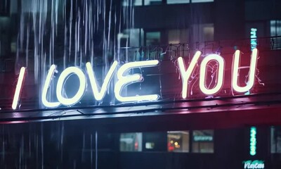 Poster - Neon I LOVE YOU text glowing brightly against a dark background with vibrant visual effects made with Generative AI technology