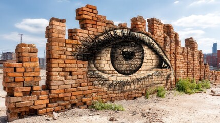 Poster - Urban street art depicting a unique brick eye painted on an old brick wall with a gritty urban aesthetic