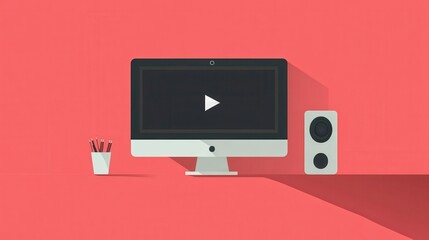 Poster - Computer screen displaying live stream with viewer count, flat design illustration, No logo, No Trademark, No text, minimal concept with copy space for stock photo illustration