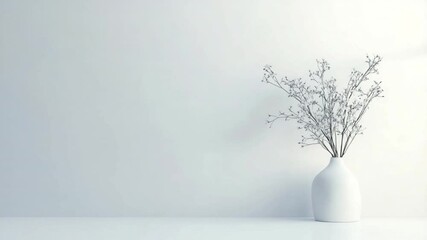 Poster - minimalist arrangement of dry twigs in white vase on clean surface against light gray background for