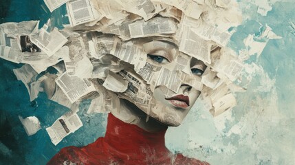Poster - Surreal portrait of a person with newspaper clippings forming their face illustration