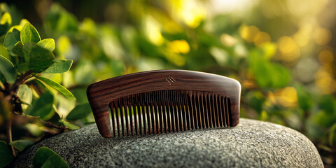 Poster - Dark brown wooden comb rests on gray stone, surrounded by blurred green foliage, showcasing natural beauty and simple elegance