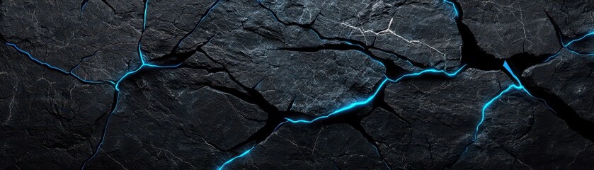 Poster - Dark Anthracite Stone Texture with Metallic Elements and Blue Cracks for Creative Backgrounds
