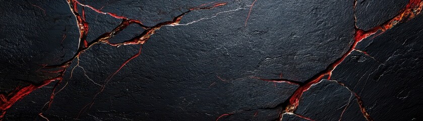 Poster - Detailed Close-Up of Black Stone Surface with Faded Crimson Streaks and Texture for Artistic Backgrounds