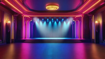 Poster - Vibrant Theater Stage with Colorful Neon Lights and Elegant Drapery Creating a Dramatic Atmosphere for Performances and Events