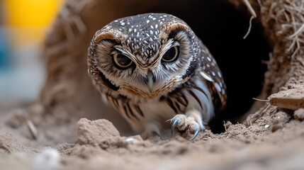Poster - Close-up view of a small owl with dark eyes peering from a burrow. The owl is predominantly brown and white with speckled feathers. The background is blurred, showing the earthy tones of the burrow