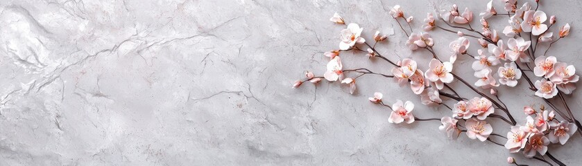 Poster - Delicate Pink Blossoms on Soft Grey Concrete Surface with Subtle Textures and Natural Aesthetics