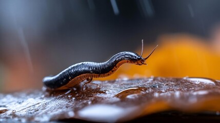 Poster - Close-up of a small, dark-colored worm-like creature on a wet, brown surface during rainfall.  The creature is slightly raised, and water droplets are visible