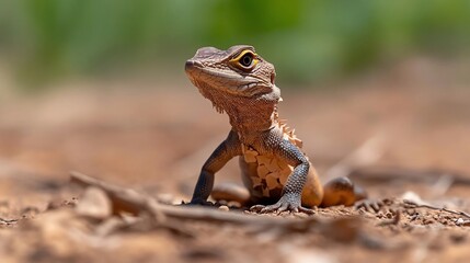 Aufkleber - Close-up of a small brown lizard with textured skin, sitting on dry, brown earth.  Bright sunlight illuminates the reptile, which is looking upward
