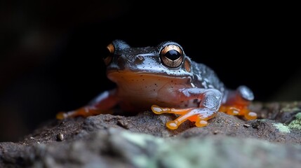 Poster - Close-up of a small frog with orange toes and dark gray body on a dark brown textured surface, set against a black background. The frog's eyes are prominent