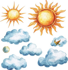 Wall Mural - watercolor sun and clouds clip art set, isolated on white background