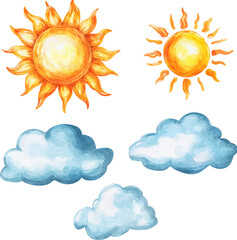 Wall Mural - watercolor sun and clouds clip art set, isolated on white background