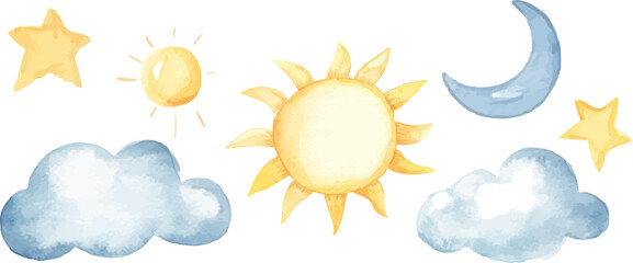 Wall Mural - watercolor sun and clouds clip art set, isolated on white background
