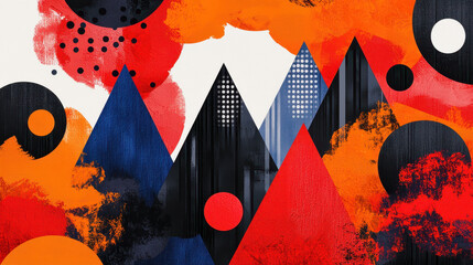 Poster - Abstract Pet-Themed Wallpaper Illustration with Stylized Mountain Peaks in Red, Blue, Black, Textured Circles and Geometric Patterns Aesthetic Design