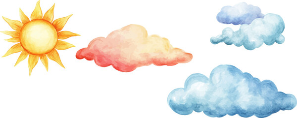 Wall Mural - watercolor sun and clouds clip art set, isolated on white background
