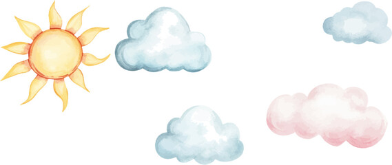 Wall Mural - watercolor sun and clouds clip art set, isolated on white background