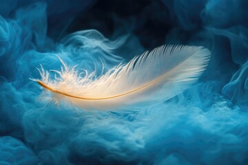 Poster - a delicate white feather resting gently in the hazy blue