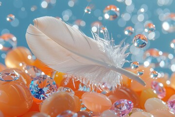 Poster - A delicate white feather rests among glistening gems and droplets