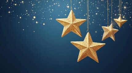 Wall Mural - golden christmas stars hanging on blue background with glitter illustration