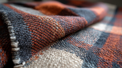 Aufkleber - Close-up of woolen fabric texture, showcasing a plaid pattern in orange, gray, and dark-gray hues, representing warmth, comfort and autumnal style