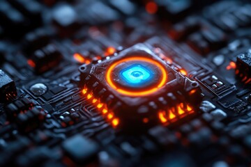 Poster - A detailed close up view of a glowing circuit board