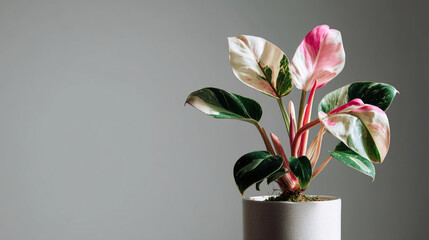 Aufkleber - Pink and green philodendron plant in a light grey pot against a grey background Free space for text or logo