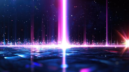 Poster - Futuristic Digital Landscape with Light Beams and Starry Night Sky