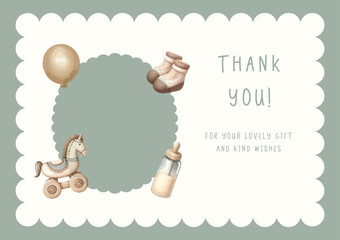 Wall Mural - Watercolor New born baby shower invitation. Greeting card with baby toys and accessories.
