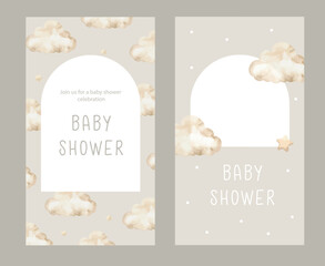 Wall Mural - Watercolor New born baby shower invitation. Greeting card with baby toys and accessories.