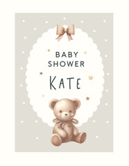 Wall Mural - Watercolor New born baby shower invitation. Greeting card with baby toys and accessories.