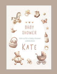 Wall Mural - Watercolor New born baby shower invitation. Greeting card with baby toys and accessories.