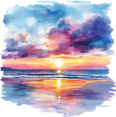 Wall Mural - sunset on the beach in watercolor with pink and blue on white background