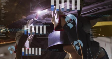 Poster - Welder working with sparks flying, overlaid with global data processing animation