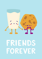 Wall Mural - cute milk and cookie poster with text. cartoon textured print with food characters for kids.