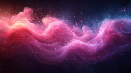Dreamy cosmic dust cloud swirls with pink, blue, and gold light against a dark backdrop