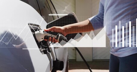 Poster - Charging electric car, person analyzing data graphs with animation in background
