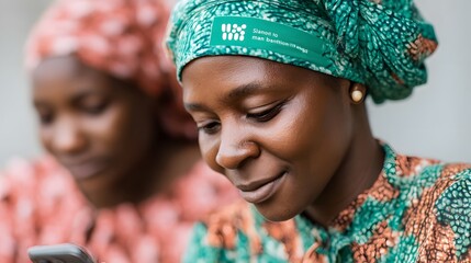 Poster - Mobile banking outreach in a developing region, woman receiving training on smartphone app, real-life documentary photography, themes of empowerment and access