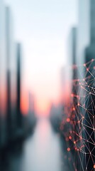 Poster - dynamic cityscape overlayed with digital finance network lines, abstract visual, concept of regulate
