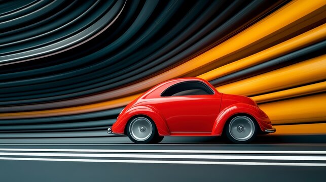 Red Classic Car in Abstract Swirling Black and Orange Tunnel