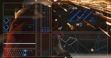 Poster - Animation of digital interface with graphs and data over abstract geometric patterns