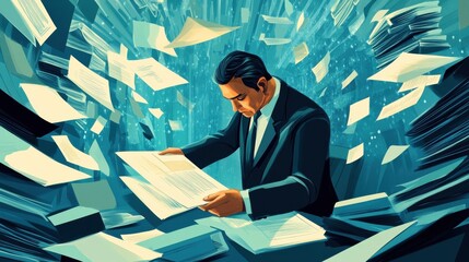 Poster - A Businessman Works With A Digital Document On A Virtual Screen Using A Document Management System For Efficient File Management. illustration