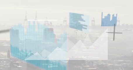 Poster - Bar graph and line chart animation over cityscape with industrial background
